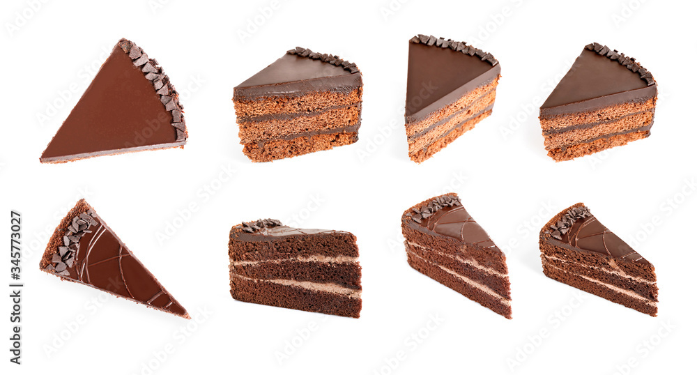 Set with different chocolate cake pieces on white background Set with different chocolate cake pieces on white background