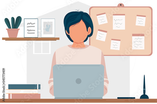 Working at home concept design. Freelance woman sitting behind work table using laptop. Flat cartoon vector illustration on white. E-learning, online study, education concept ets. Stay at home.