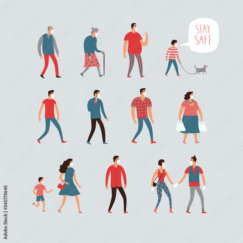Set of cartoon people in various lifestyles and ages wearing face masks. Set of cartoon people in various lifestyles and ages wearing face masks.