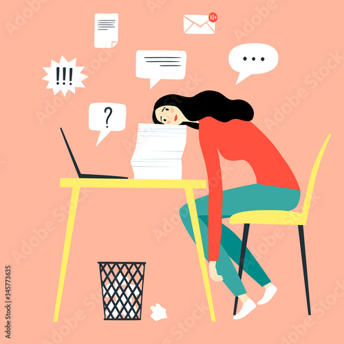 Sad and tired woman working alone.