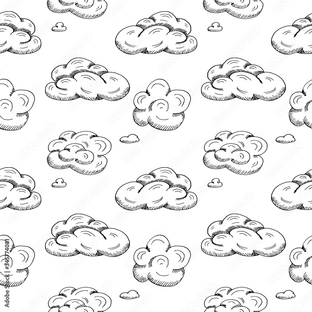 Seamless pattern with different clouds isolated o nwhite background. Hand drawn vector illustration in realistic style. Light sky wallpaper. Concept of dreams, weather, forecast, inspiration, freedom. Seamless pattern with different clouds isolated o nwhite background. Hand drawn vector illustration in realistic style. Light sky wallpaper. Concept of dreams, weather, forecast, inspiration, freedom.