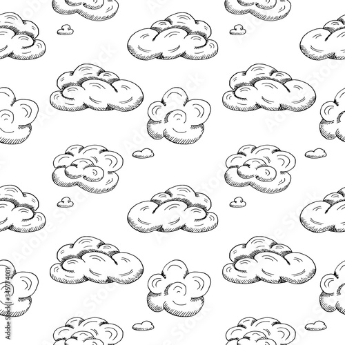 Seamless pattern with different clouds isolated o nwhite background. Hand drawn vector illustration in realistic style. Light sky wallpaper. Concept of dreams, weather, forecast, inspiration, freedom. photo