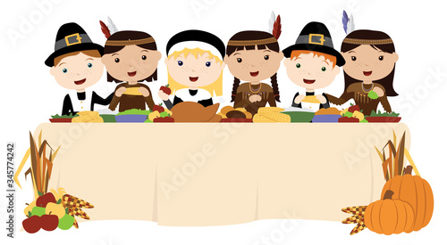 A vetor illustration of cute Pilgrim and Native American Indians at the first Thanksgiving table.