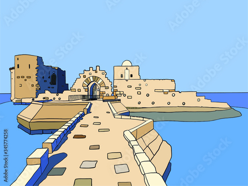 Lebanon Vector Illustration: Sidon Sea Castle.