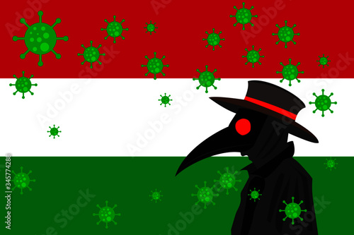 Black plague doctor surrounded by viruses with copy space with HUNGARY flag.