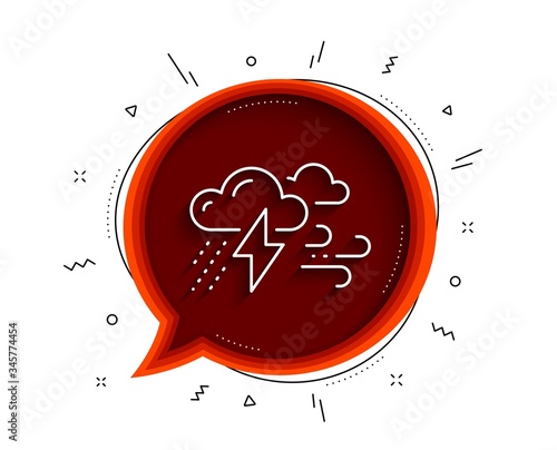 Clouds with raindrops, lightning, wind line icon. Chat bubble with shadow. Bad weather sign. Thin line bad weather icon. Vector