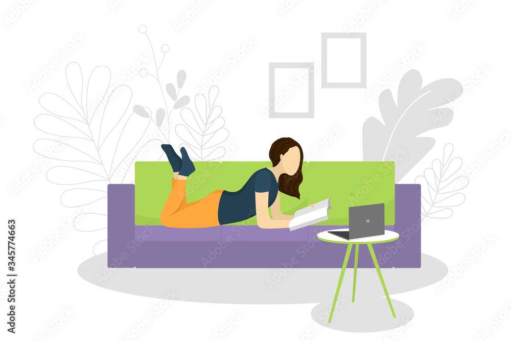 Vector illustration with a girl lying on a sofa and reading book. Girl at home reading magazine. Poster motivating to reading book and studying. For sites, articles, posters Vector illustration with a girl lying on a sofa and reading book. Girl at home reading magazine. Poster motivating to reading book and studying. For sites, articles, posters