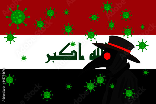 Black plague doctor surrounded by viruses with copy space with IRAQ flag.