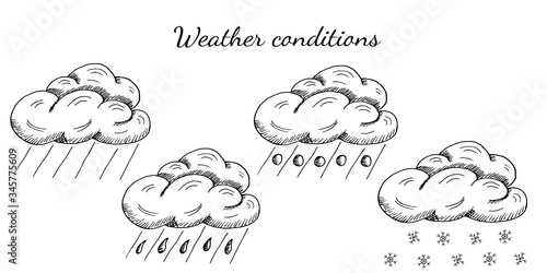 Set of weather conditions - rain, downpour, hail, snow. Clouds with rainfall isolated on white. Hand drawn vector illustration in sketch realistic style. Concept of forecast, predictions, icons.