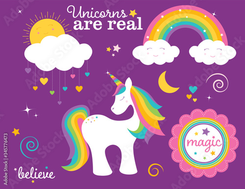 A vector illustration of a collection of cute fantasy magic images: unicorn, rainbow, sun and cloud with heart raindrops, flower with the word magic, and sparkles and swirls and text