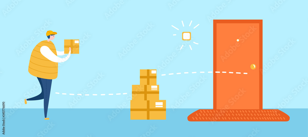 Naklejka premium Drop off delivery service. Vector illustration on courier service during self-isolation and quarantine period. Delivery man leaves the boxes on the safe distance to the door. Social distancing concept