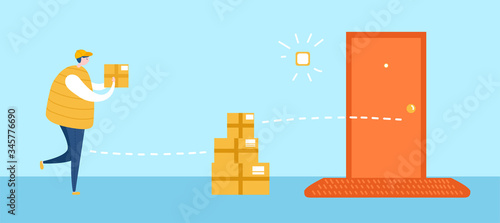 Drop off delivery service. Vector illustration on courier service during self-isolation and quarantine period. Delivery man leaves the boxes on the safe distance to the door. Social distancing concept