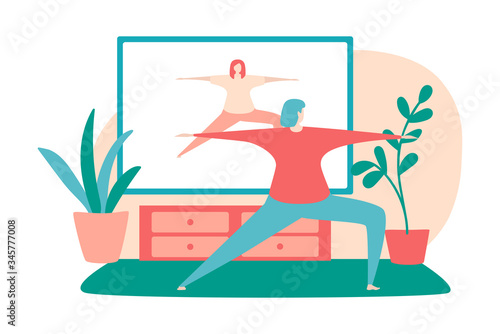 Vector illustration Home fitness. Young woman practising yoga at her home. Online workout for women. Active lifestyle during self-isolation and quarantine period.