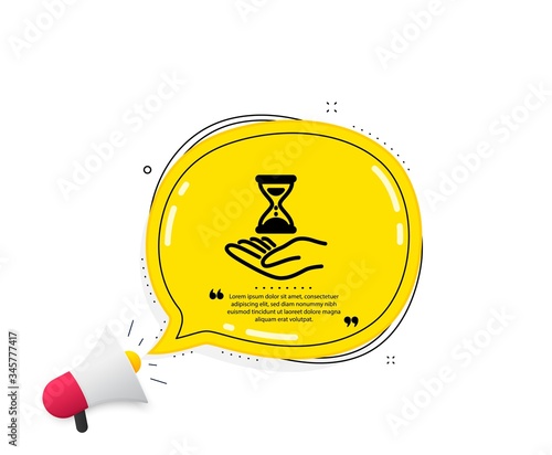 Time hourglass in hand icon. Quote speech bubble. Sand watch sign. Quotation marks. Classic time hourglass icon. Vector