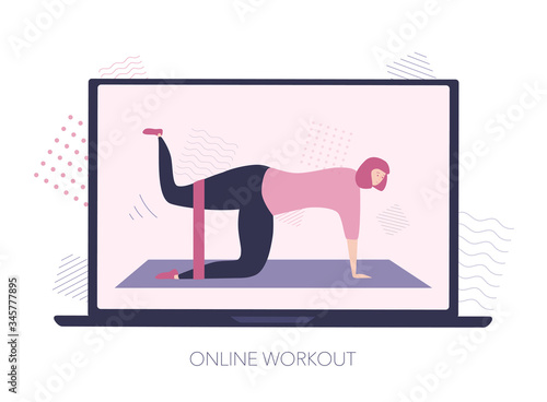 Online workout on the laptop screen. Woman makes glutes exercise with the resistance band. Video lesson on the Internet. Working out at home using computer. Modern flat illustration on home.