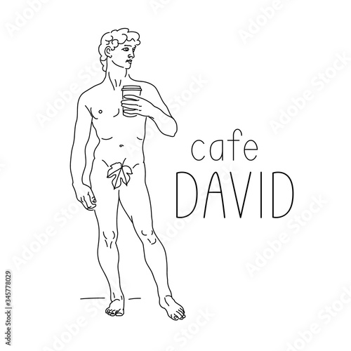 Cafe David. Sculpture of David with a coffee in his hands. Art coffee shop