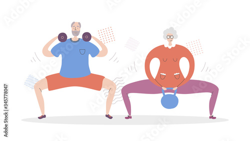 Flat vector illustration Senior Couple Fitness. Happy grandfather and grandmother working out together with dumbbells. Active lifestyle for elderly people. Sumo squat exercise for adults. Basic RGB