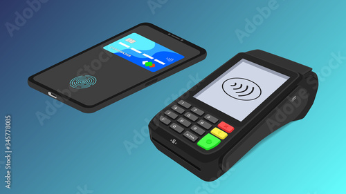 The concept of a bank pos terminal for paying for services using a card, phone, including contactless payment. Acquiring. Vector isometric 3d illustration, on a blue background.