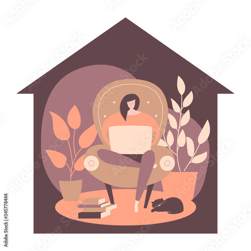 Woman relaxing on the couch with a laptop . Stay home poster or card design. Young woman sitting on the arm-chair and working online. Casual freelance workspace in the house silhouette. 
