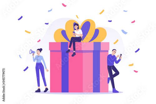 Online reward concept. Happy people receive a big gift box. Digital referral and reward program. Online store or shop loyalty program and bonus. Modern isolated vector illustration