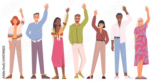 Diverse multicultural group of people waving hand. Group of  male and female greeting gesture flat cartoon characters. Smiling men and women. Full height people with hands up. Vector illustration. 