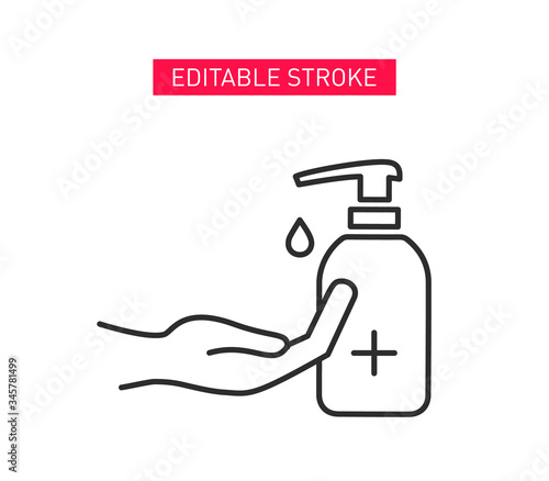Antiseptic vector line icon. Hygiene Virus hand care. Washing hands, anti bacterial soap, use sanitary antiseptic. 
