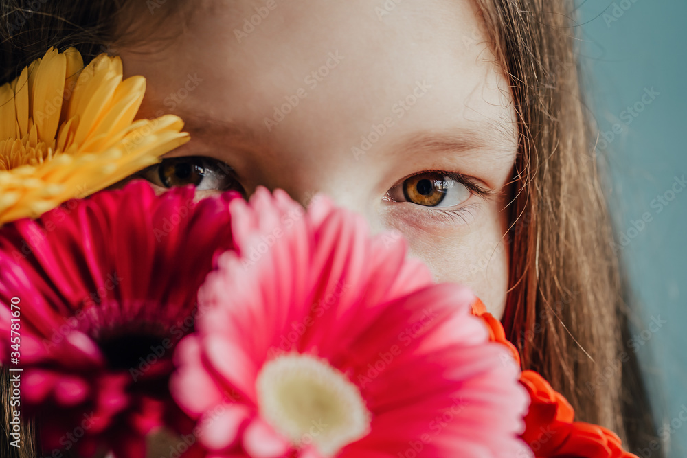 Girl covering face with colorful flowers. Gerberas of different colors and eyes of young lady close up Girl covering face with colorful flowers. Gerberas of different colors and eyes of young lady close up