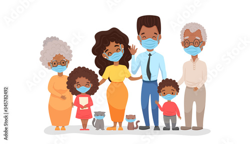 Coronavirus in the whole world. African black family in the medical face mask. Concept of coronavirus quarantine 2020. Protect your family and prevent the flu, vector flat cartoon illustration.