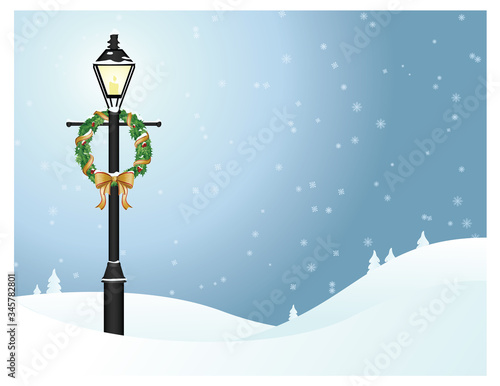 A vector illustration of a lamp post decorated with a Christmas wreath in a winter landscape.