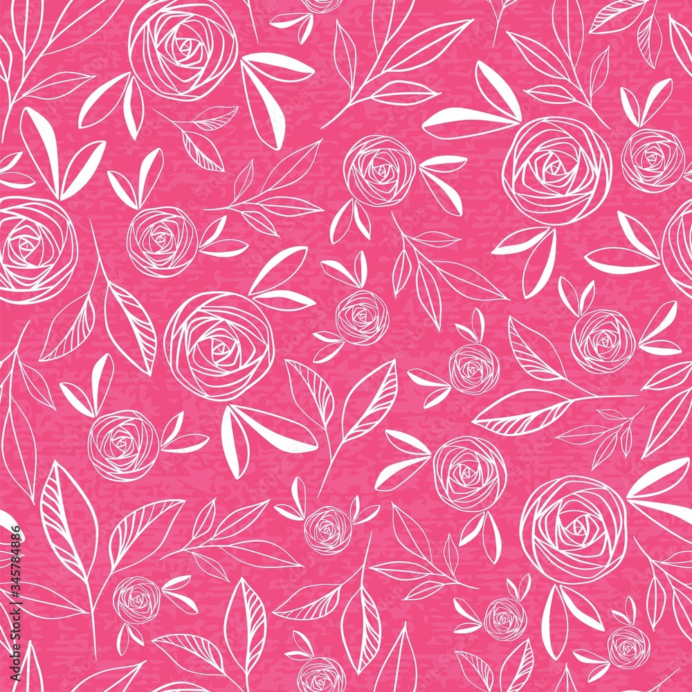 Fototapeta seamless pattern with roses and leaves in pink and white