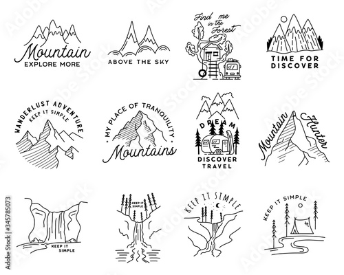 Vintage simple camp logo designs set. Outdoor adventure line art scenes, hiking landscapes bundle. Silhouette linear concept. Stock vector badges