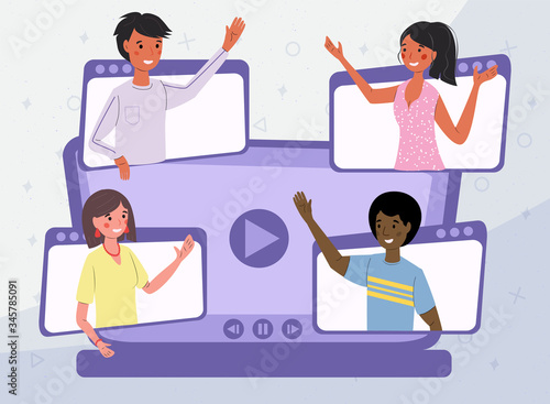 Video conferencing friends communicate via video communication on the background of a large computer, concept vector illustration. Friendship and communication at a distance