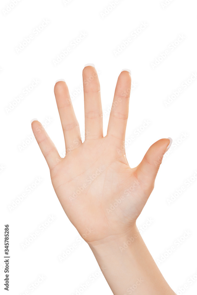 Woman using hand index finger in hand gesture number five Woman using hand index finger in hand gesture number five