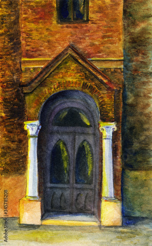 portal to the old building, entrance with columns, watercolor