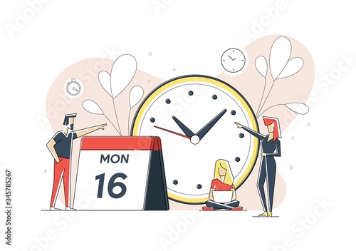 Illustration of flat linear geometric people in working proccess. Illustration for landing page.