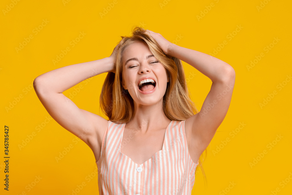 Expression Of Joy. Young girl emotionally shouting with closed eyes Expression Of Joy. Young girl emotionally shouting with closed eyes