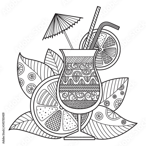 Cocktail doodle coloring book page. Summer cool drink in zentangle style. Black and white illustration.