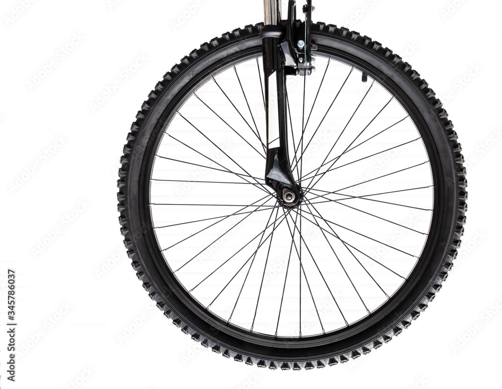Obraz premium view of a bicycle front wheel mounted on the forks