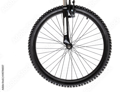 view of a bicycle front wheel mounted on the forks
