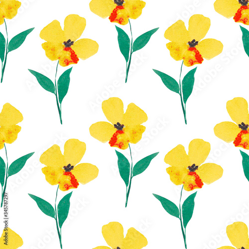 Hand-drawn watercolor bright yellow flowers on a white background. Seamless botanical pattern.