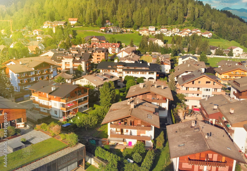 Aerial view of beautiful town of italian dolomites in summer season