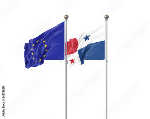 Two realistic flags. 3D illustration on white background. European Union vs Panama.