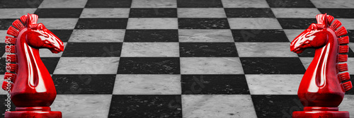 Image of a wooden chess knights in red with marble checkerboard background
