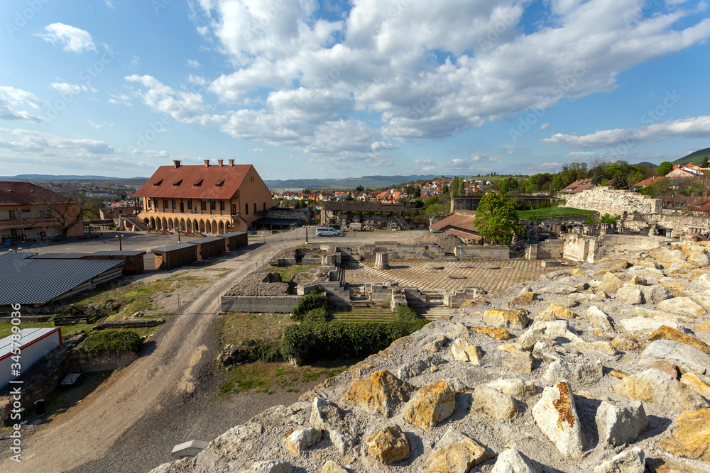 The inner court of the Eger Castle in Hungary on a sunny afternoon.