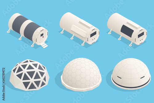 Isometric set icons of future home for humans on the red planet. Space laboratory, life on mars, alien planet. Mars Colonization