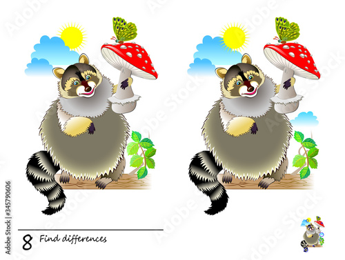 Find 8 differences. Logic puzzle game for children and adults. Printable page for kids brain teaser book. Illustration of a cute raccoon holding mushroom. Developing counting skills. IQ test.