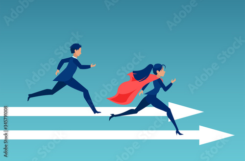 Vector of a super business woman winning a race with business man