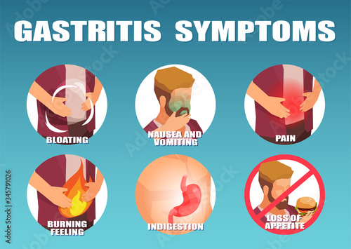 Vector infographic of a man with gastritis symptoms