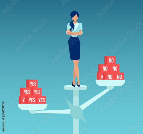Vector of a businesswoman balancing all pros and cons in her decision