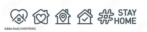 editable stroke line icons set of Stay home for Social media in support of self isolation. staying at home Prevent coronavirus spread. Covid19 perfect outline icon hashtag stayhome Isolated on white